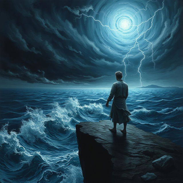 A dramatic and surreal artwork depicting a figure standing on the edge of a cliff overlooking a stormy ocean, symbolizing a desperate plea for rescue