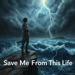 A dramatic and surreal artwork depicting a figure standing on the edge of a cliff overlooking a stormy ocean, symbolizing a desperate plea for rescue