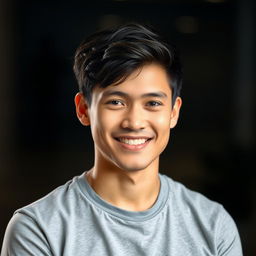 a portrait of a person wearing a gray shirt, smiling warmly, with soft lighting emphasizing their features, the background has a subtle blur creating a bokeh effect, the person has a confident posture and an inviting demeanor, looking directly at the camera, capturing a friendly and approachable vibe