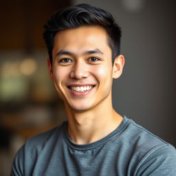 a portrait of a person wearing a gray shirt, smiling warmly, with soft lighting emphasizing their features, the background has a subtle blur creating a bokeh effect, the person has a confident posture and an inviting demeanor, looking directly at the camera, capturing a friendly and approachable vibe