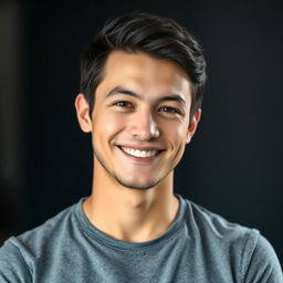 a portrait of a person wearing a gray shirt, smiling warmly, with soft lighting emphasizing their features, the background has a subtle blur creating a bokeh effect, the person has a confident posture and an inviting demeanor, looking directly at the camera, capturing a friendly and approachable vibe