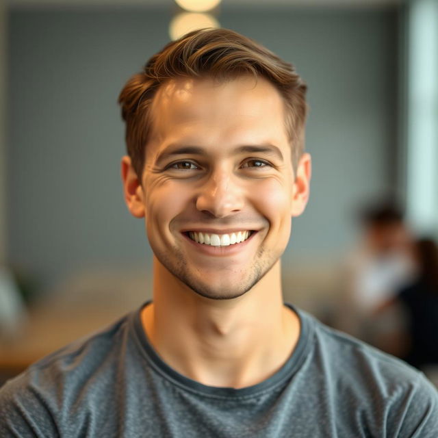 a portrait of a person wearing a gray shirt, smiling warmly, with soft lighting emphasizing their features, the background has a subtle blur creating a bokeh effect, the person has a confident posture and an inviting demeanor, looking directly at the camera, capturing a friendly and approachable vibe