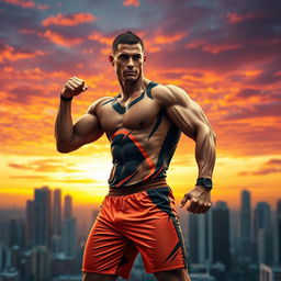 A strong muscular man resembling a stylized version of Cristiano Ronaldo, exhibiting confidence and determination, posed in a dynamic athletic stance