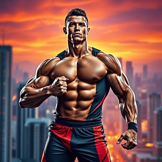 A strong muscular man resembling a stylized version of Cristiano Ronaldo, exhibiting confidence and determination, posed in a dynamic athletic stance