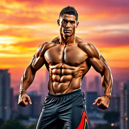 A strong muscular man resembling a stylized version of Cristiano Ronaldo, exhibiting confidence and determination, posed in a dynamic athletic stance