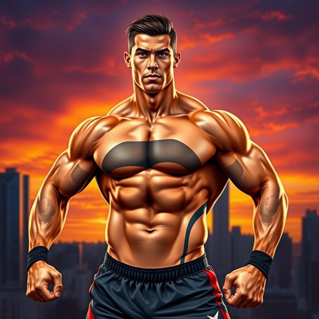 A strong muscular man resembling a stylized version of Cristiano Ronaldo, exhibiting confidence and determination, posed in a dynamic athletic stance