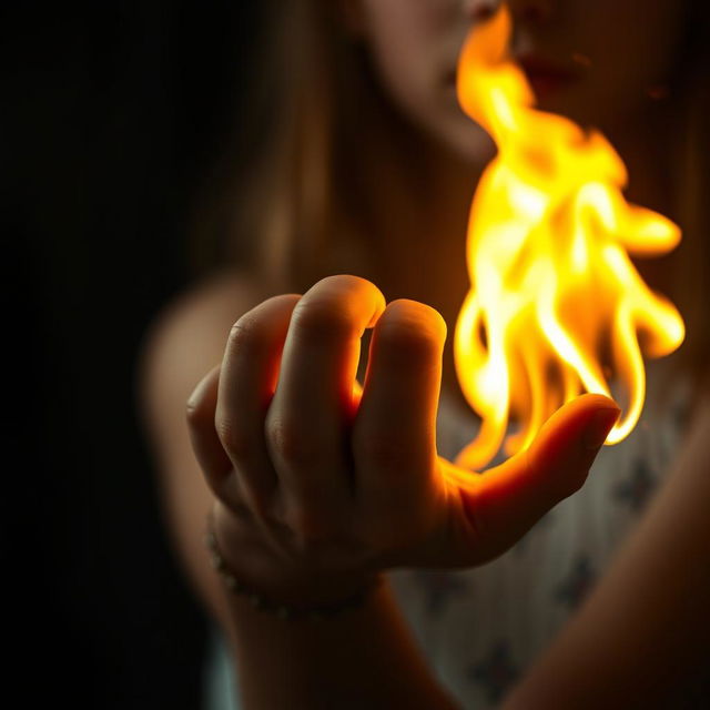 A close-up image focusing on the hand and wrist of a young girl, around the age of 16, with fire blazing brightly in her palm