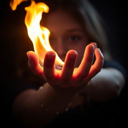 A close-up image focusing on the hand and wrist of a young girl, around the age of 16, with fire blazing brightly in her palm