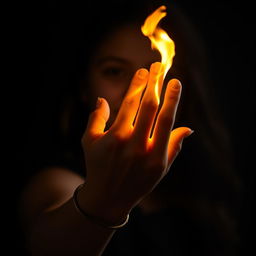 A close-up image focusing on the hand and wrist of a young girl, around the age of 16, with fire blazing brightly in her palm