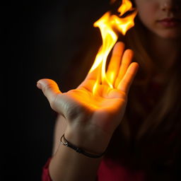 A close-up image focusing on the hand and wrist of a young girl, around the age of 16, with fire blazing brightly in her palm