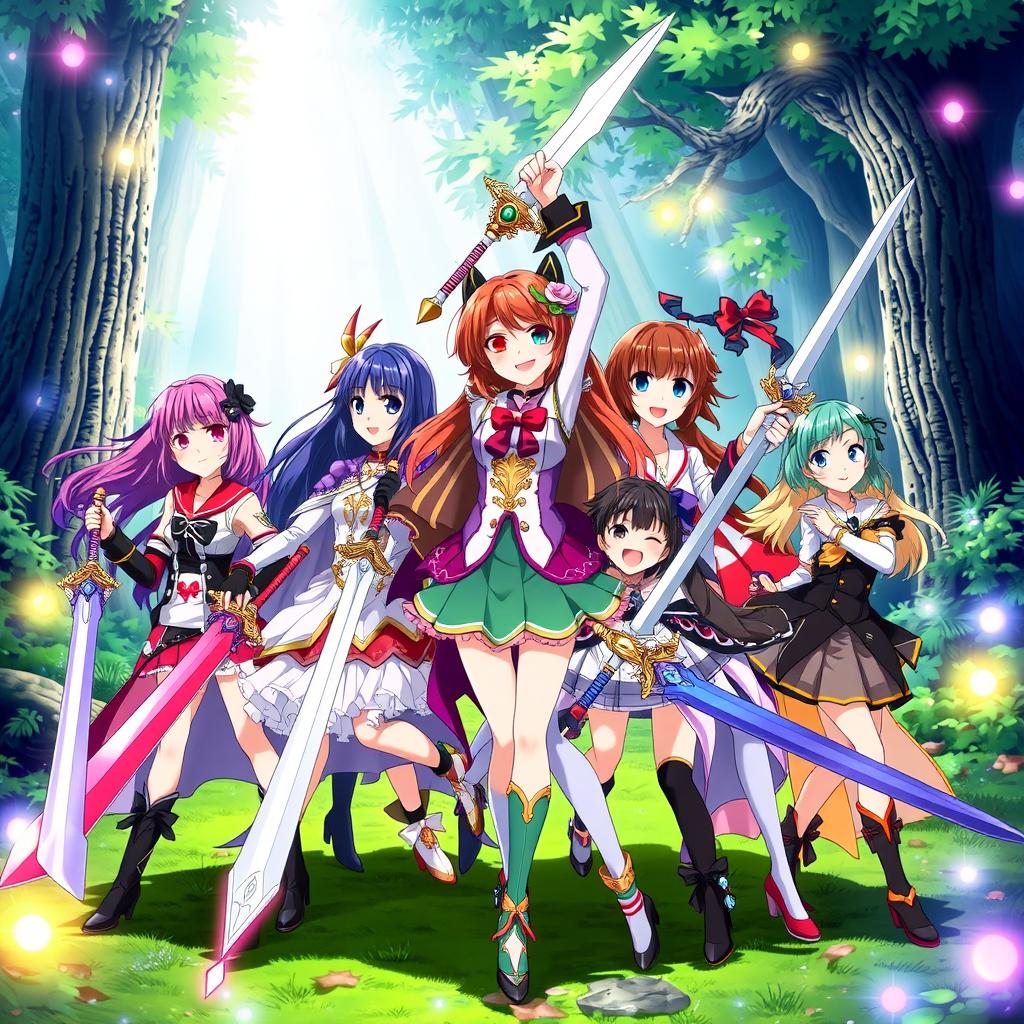 A vibrant scene featuring seven anime girl characters, each with distinct hairstyles and colorful outfits, gathered together in an epic pose