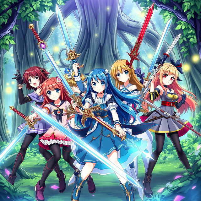 A vibrant scene featuring seven anime girl characters, each with distinct hairstyles and colorful outfits, gathered together in an epic pose