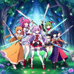 A vibrant scene featuring seven anime girl characters, each with distinct hairstyles and colorful outfits, gathered together in an epic pose