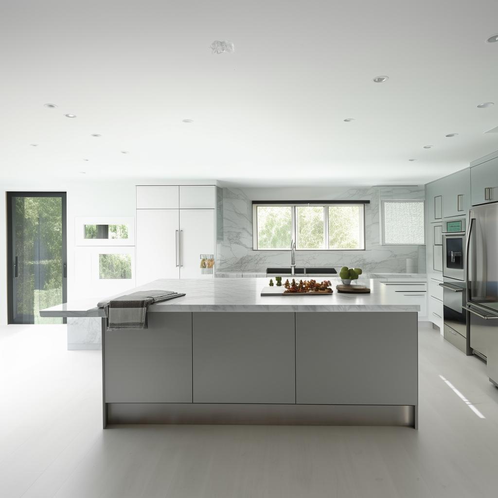 A well-lit, modern kitchen with stainless steel appliances, white cabinets, and a large island in the center.