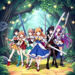 A vibrant scene featuring seven anime girl characters, each with distinct hairstyles and colorful outfits, gathered together in an epic pose