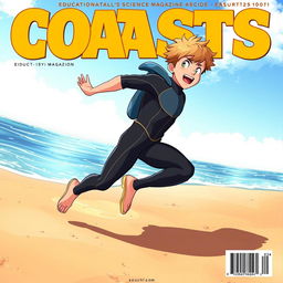 Anime-style cover art for an educational science magazine issue titled 'Coasts', featuring an excited teen male character in a sleek, form-fitting wetsuit