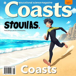 Anime-style cover art for an educational science magazine issue titled 'Coasts', featuring an excited teen male character in a sleek, form-fitting wetsuit