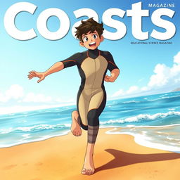 Anime-style cover art for an educational science magazine issue titled 'Coasts', featuring an excited teen male character in a sleek, form-fitting wetsuit