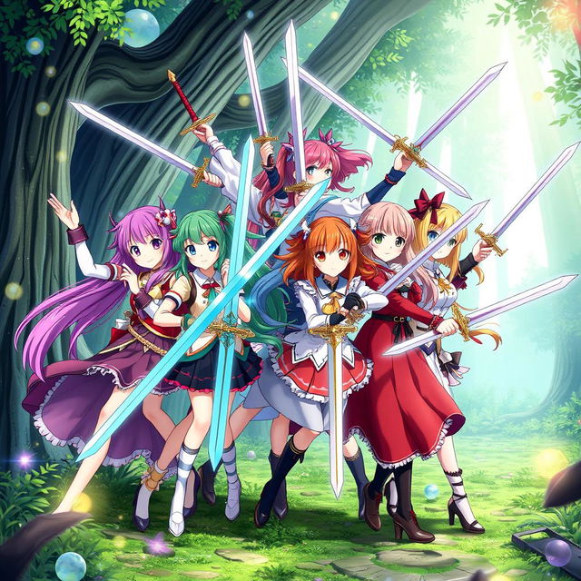 A vibrant scene featuring eight anime girl characters, each with distinct hairstyles and colorful outfits, gathered together in a heroic pose