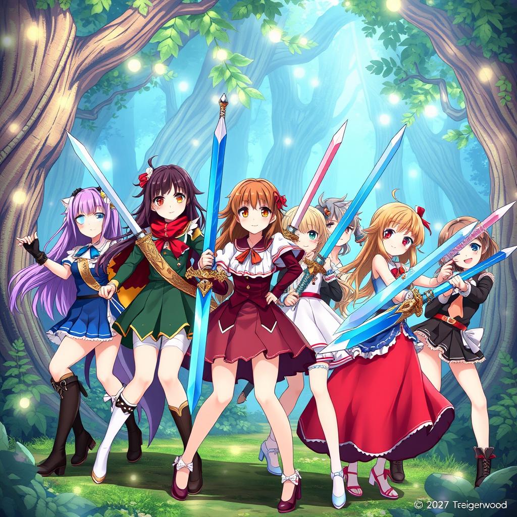 A vibrant scene featuring eight anime girl characters, each with distinct hairstyles and colorful outfits, gathered together in a heroic pose