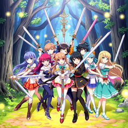 A vibrant scene featuring eight anime girl characters, each with distinct hairstyles and colorful outfits, gathered together in a heroic pose