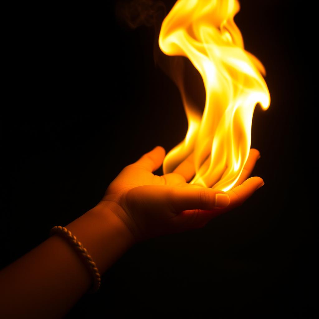 A close-up image of a 16-year-old girl's hand and wrist with a large fire blazing dramatically in her palm