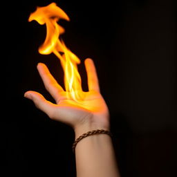 A close-up image of a 16-year-old girl's hand and wrist with a large fire blazing dramatically in her palm