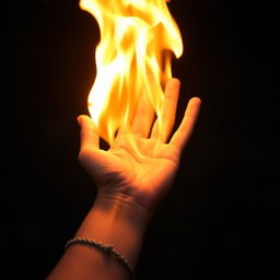 A close-up image of a 16-year-old girl's hand and wrist with a large fire blazing dramatically in her palm