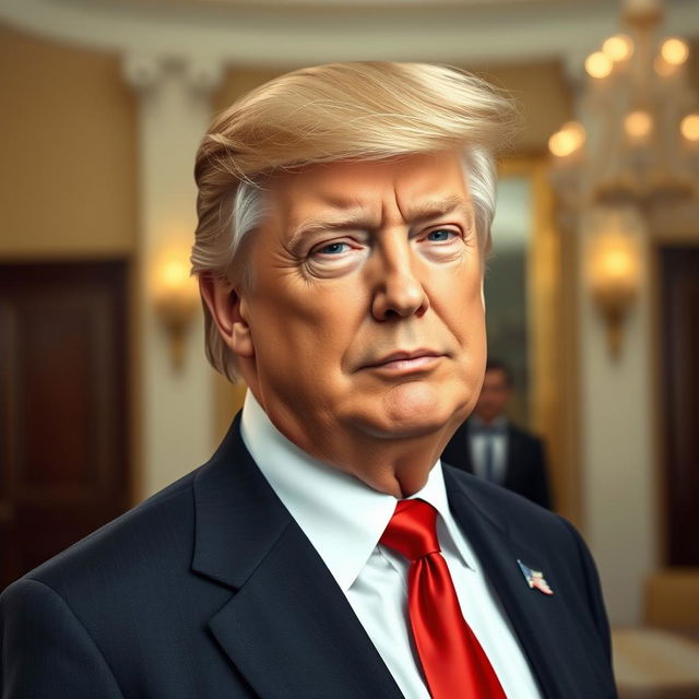 A realistic portrait of a middle-aged man with distinctive features resembling Donald Trump, characterized by a full head of styled blond hair and a confident expression