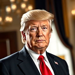 A realistic portrait of a middle-aged man with distinctive features resembling Donald Trump, characterized by a full head of styled blond hair and a confident expression