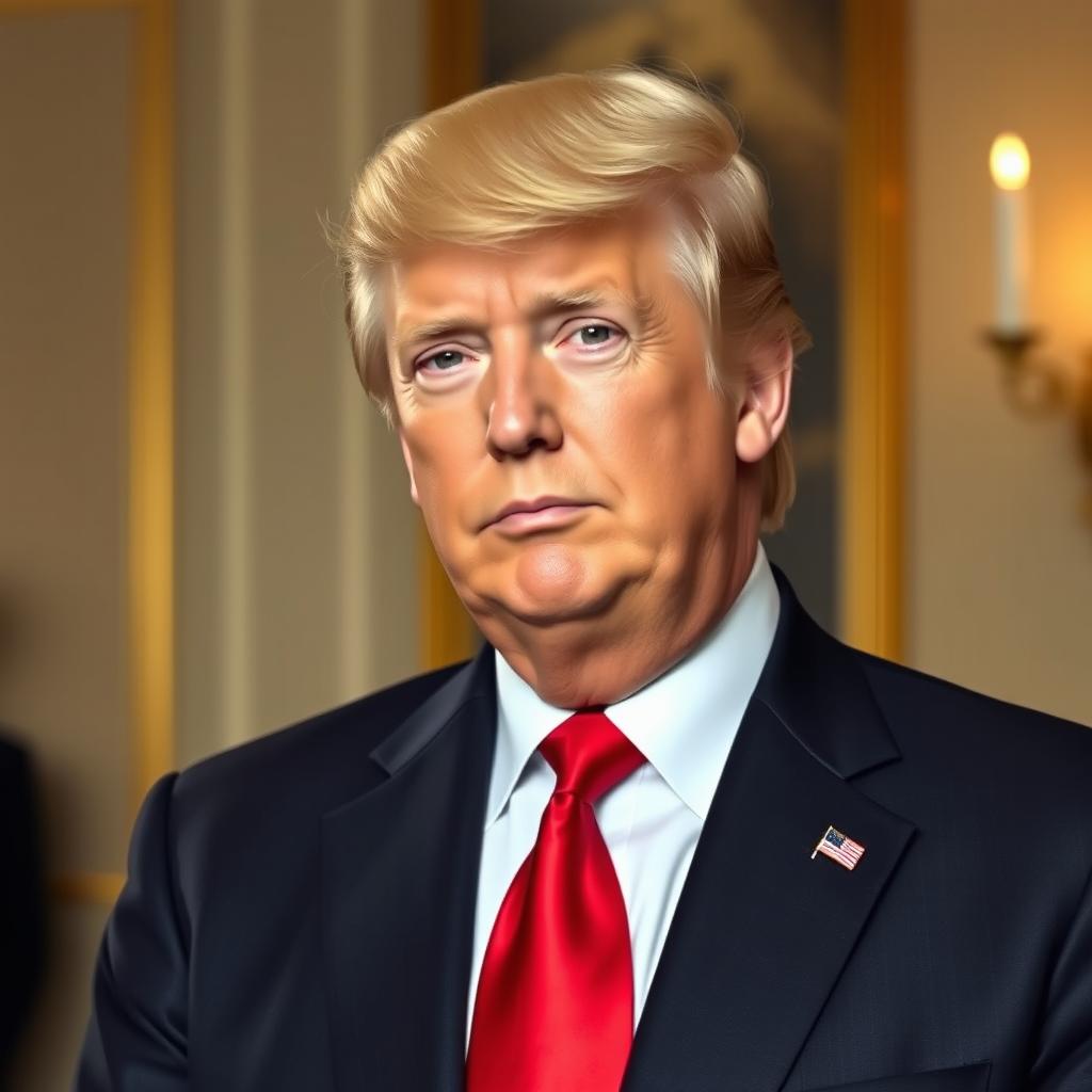 A realistic portrait of a middle-aged man with distinctive features resembling Donald Trump, characterized by a full head of styled blond hair and a confident expression