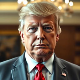 A realistic portrait of a middle-aged man with distinctive features resembling Donald Trump, characterized by a full head of styled blond hair and a confident expression