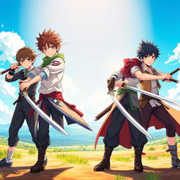 A dynamic scene featuring four anime brothers standing confidently in an open space, each wielding their unique swords
