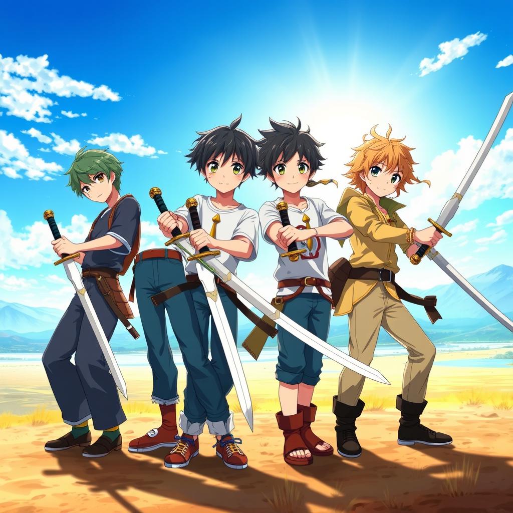 A dynamic scene featuring four anime brothers standing confidently in an open space, each wielding their unique swords