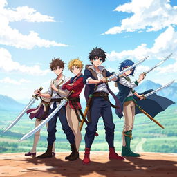 A dynamic scene featuring four anime brothers standing confidently in an open space, each wielding their unique swords