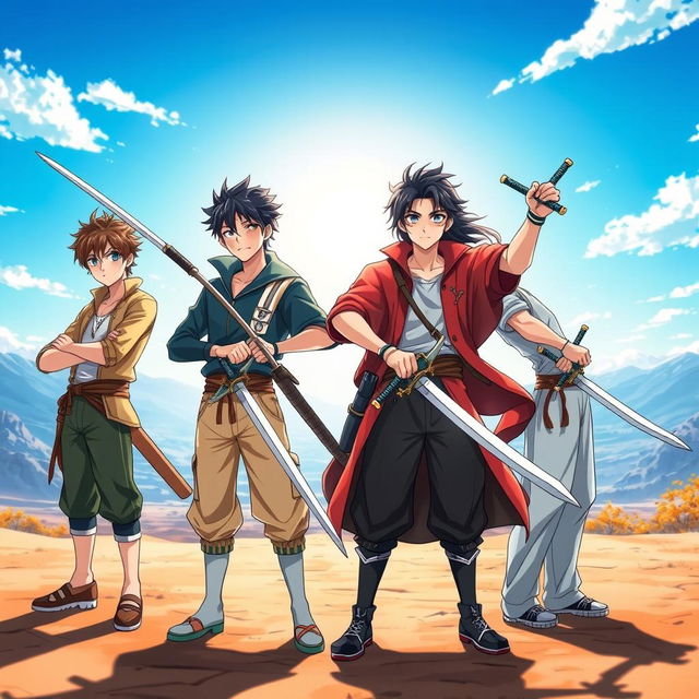 A dynamic scene featuring four anime brothers standing confidently in an open space, each wielding their unique swords