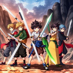 A dynamic scene featuring seven anime boy characters, each with unique hairstyles and colorful outfits, standing together in a heroic pose