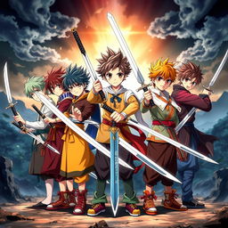 A dynamic scene featuring seven anime boy characters, each with unique hairstyles and colorful outfits, standing together in a heroic pose