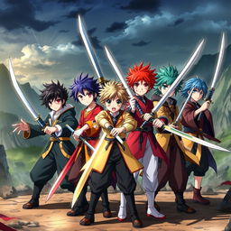 A dynamic scene featuring seven anime boy characters, each with unique hairstyles and colorful outfits, standing together in a heroic pose