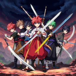 A dynamic scene featuring seven anime boy characters, each with unique hairstyles and colorful outfits, standing together in a heroic pose