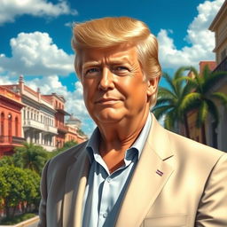 A realistic portrayal of a middle-aged man with distinctive features resembling Donald Trump, standing confidently in a vibrant Cuban setting