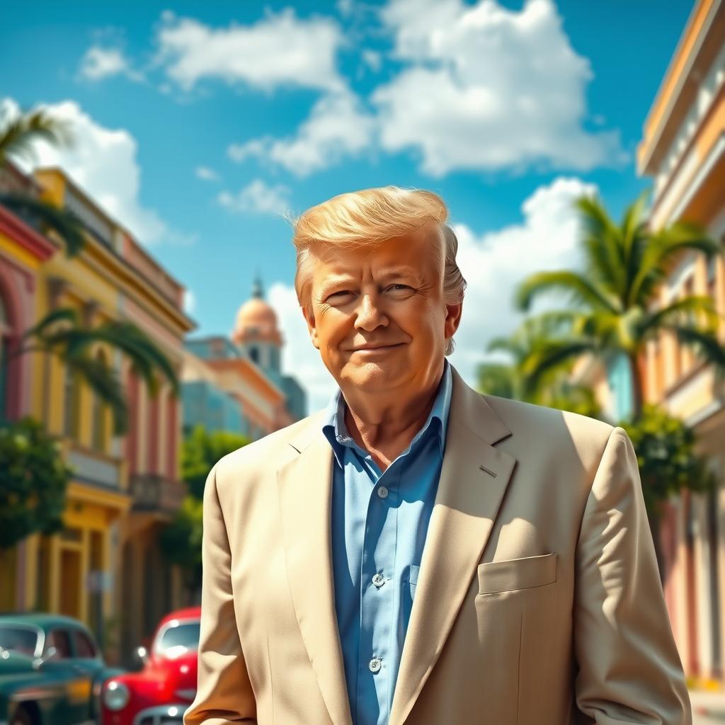 A realistic portrayal of a middle-aged man with distinctive features resembling Donald Trump, standing confidently in a vibrant Cuban setting