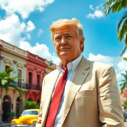 A realistic portrayal of a middle-aged man with distinctive features resembling Donald Trump, standing confidently in a vibrant Cuban setting