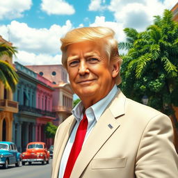 A realistic portrayal of a middle-aged man with distinctive features resembling Donald Trump, standing confidently in a vibrant Cuban setting