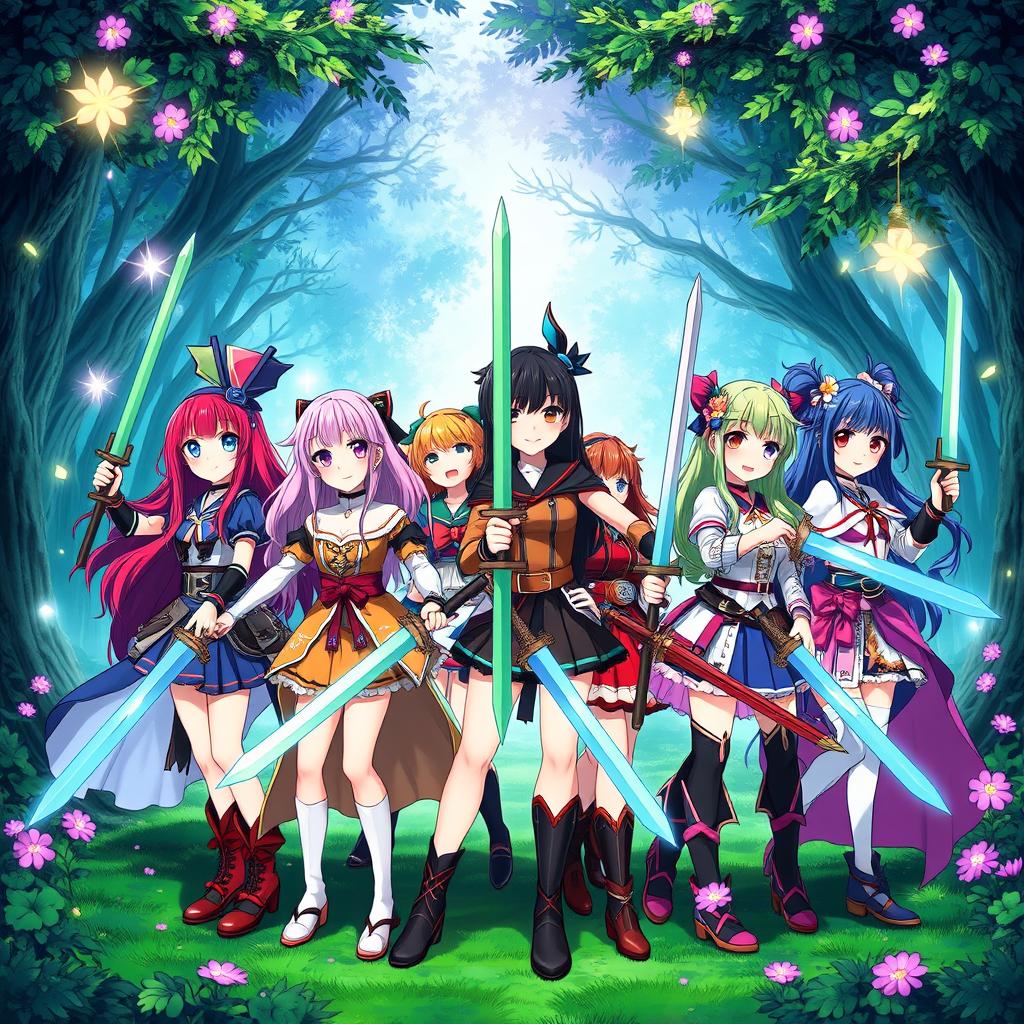 A dynamic group scene featuring eight anime-style sister girls, each holding a sword in hand