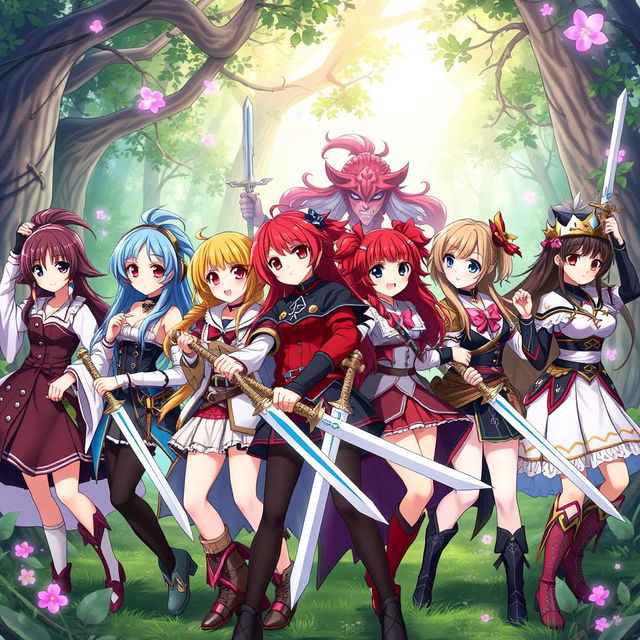 A dynamic group scene featuring eight anime-style sister girls, each holding a sword in hand