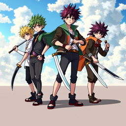 A striking image of four anime brothers standing proudly in an open space, each wielding a different type of sword