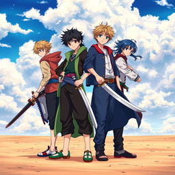 A striking image of four anime brothers standing proudly in an open space, each wielding a different type of sword