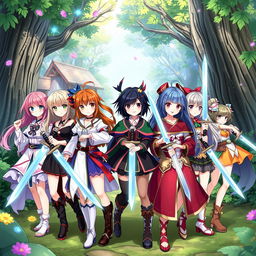 A dynamic group scene featuring eight anime-style sister girls, each holding a sword in hand