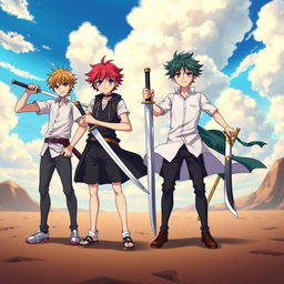 A striking image of four anime brothers standing proudly in an open space, each wielding a different type of sword